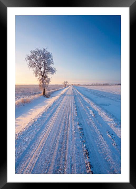 backroad through farmland  in winter Framed Mounted Print by Dave Reede