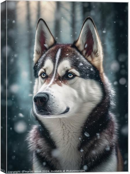 Husky in the Snow Canvas Print by Harold Ninek
