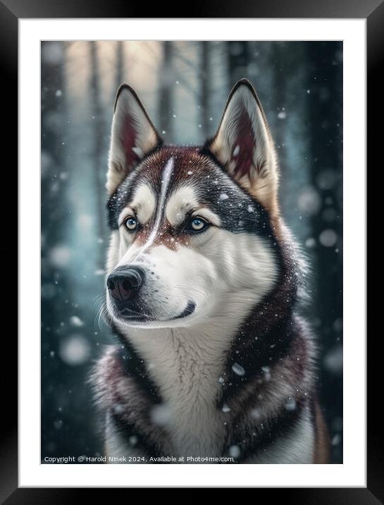 Husky in the Snow Framed Mounted Print by Harold Ninek