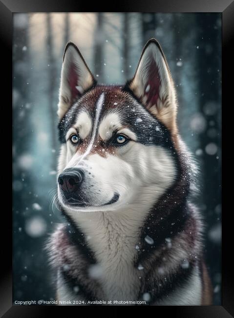 Husky in the Snow Framed Print by Harold Ninek