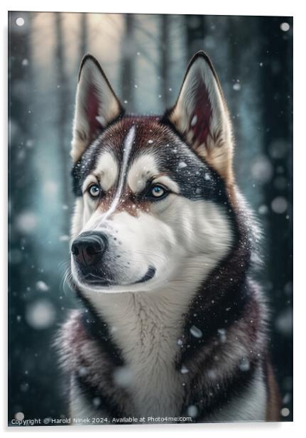 Husky in the Snow Acrylic by Harold Ninek
