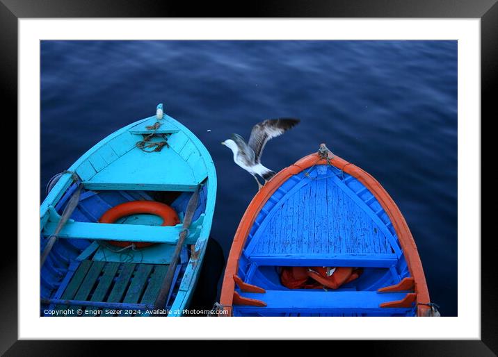 Colorful Fishing Boats and a Little Visitor Framed Mounted Print by Engin Sezer