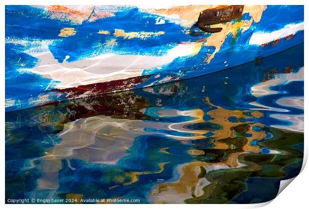 Abstract reflections of an old colorful wooden fishing boat on sea surface Print by Engin Sezer