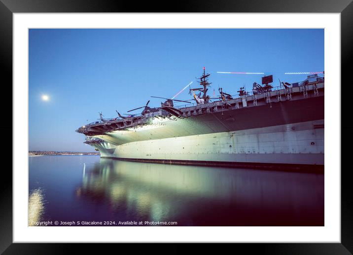 USS Midway By Moonlight Framed Mounted Print by Joseph S Giacalone