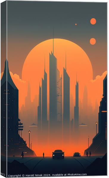 Sunset Over Metropolis Canvas Print by Harold Ninek