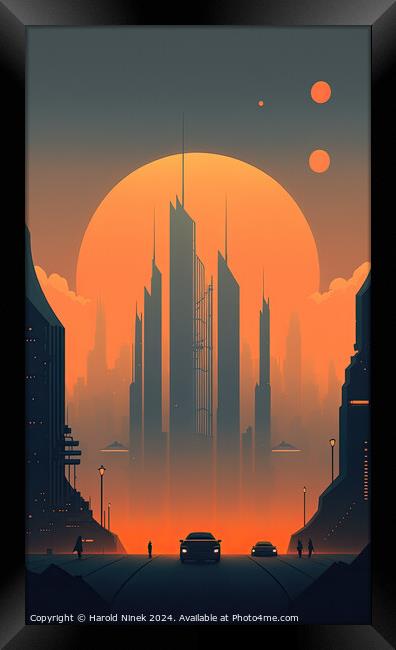 Sunset Over Metropolis Framed Print by Harold Ninek