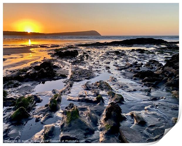 Sunset at Newport Sands, Pembrokeshire, Wales Print by Suze_ scapes