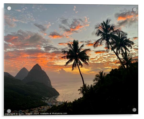Sunrise at the Pitons, St Lucia Acrylic by Suze_ scapes