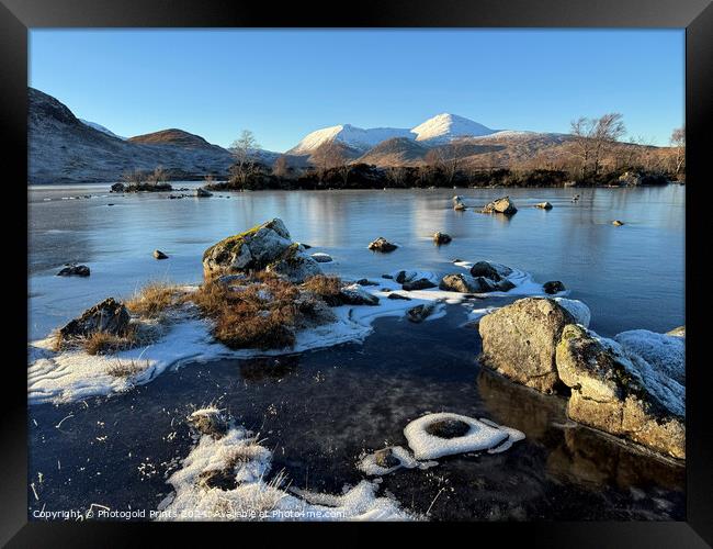 Loch nah achlaise and snow covered Black Mount in the Highlands of Scotland Framed Print by Photogold Prints