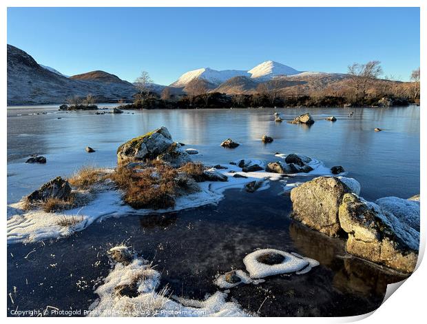 Loch nah achlaise and snow covered Black Mount in the Highlands of Scotland Print by Photogold Prints