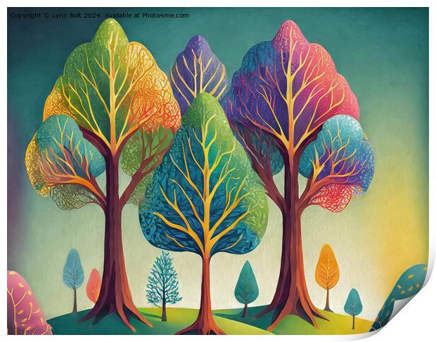 Magical Coloured Trees on a Hill Print by Lynn Bolt