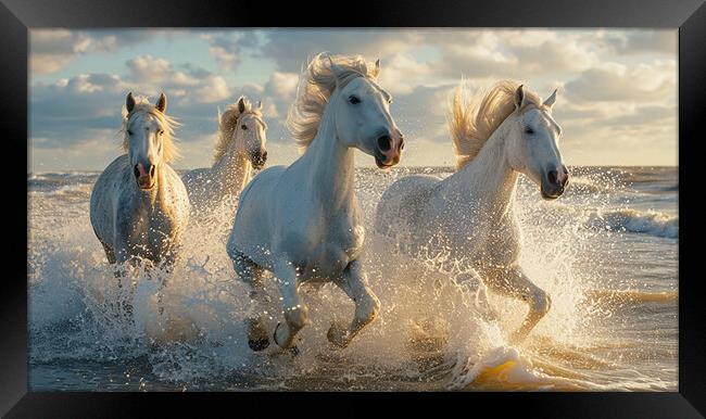 Wild Horses Running through the Surf  Framed Print by CC Designs