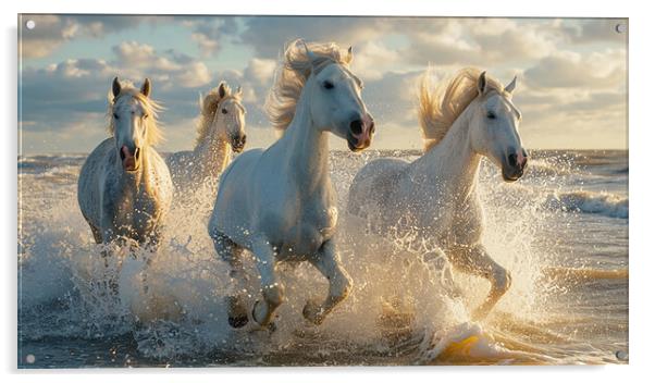 Wild Horses Running through the Surf  Acrylic by CC Designs