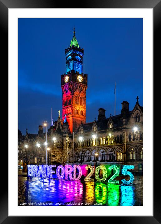 Bradford town hall by night, featuring the 2025 logo Framed Mounted Print by Chris North