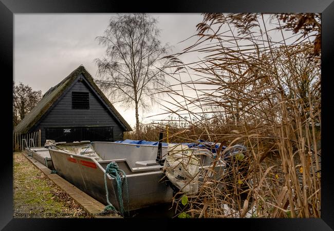 Boats outside the boat shed at How Hill staithe, Norfolk Broads Framed Print by Chris Yaxley