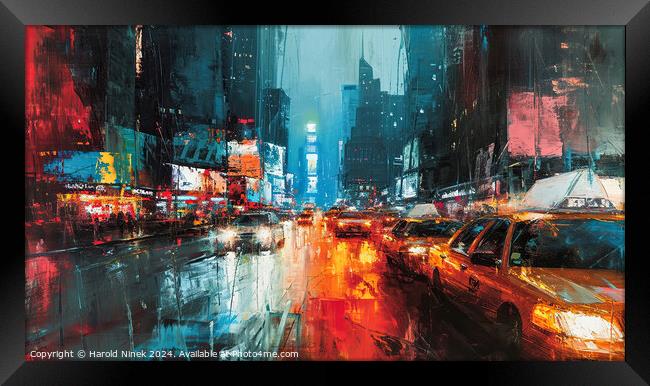 Rainy Night in New York Framed Print by Harold Ninek