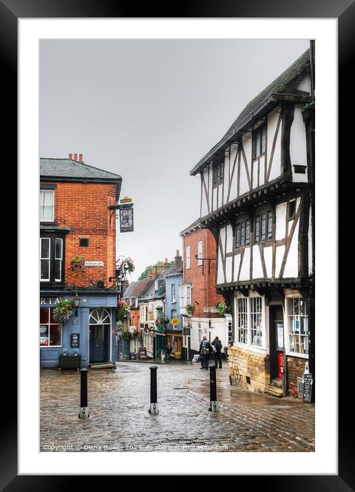 Lincoln Cathedral Quarter Rainy Day Framed Mounted Print by Diana Mower