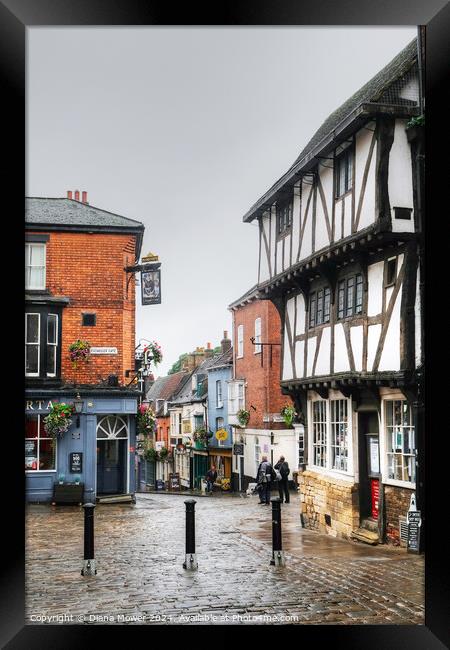 Lincoln Cathedral Quarter Rainy Day Framed Print by Diana Mower