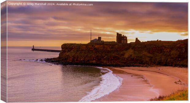 Sunset over Tynemouth Lighthouse Priory and Castle Ruins Canvas Print by Greg Marshall