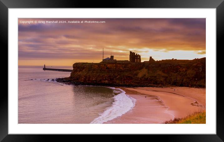 Sunset over Tynemouth Lighthouse Priory and Castle Ruins Framed Mounted Print by Greg Marshall