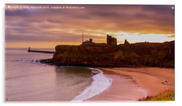 Sunset over Tynemouth Lighthouse Priory and Castle Ruins Acrylic by Greg Marshall