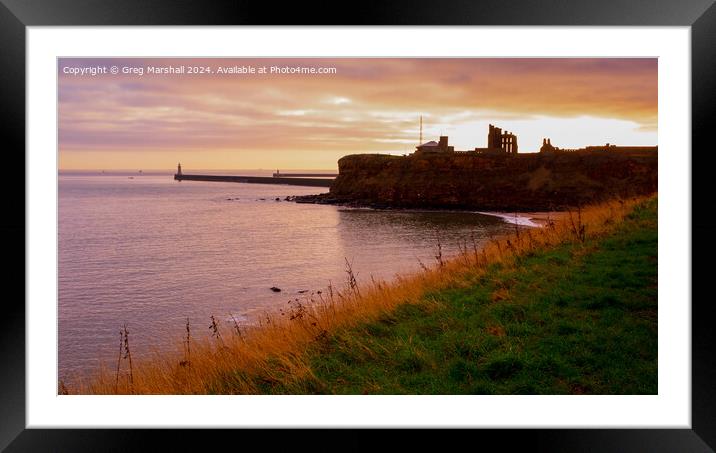 Sunset over Tynemouth Lighthouse, Priory and Castle ruins. Framed Mounted Print by Greg Marshall