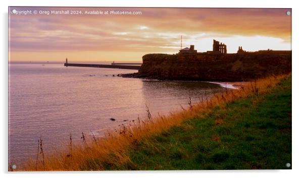 Sunset over Tynemouth Lighthouse, Priory and Castle ruins. Acrylic by Greg Marshall