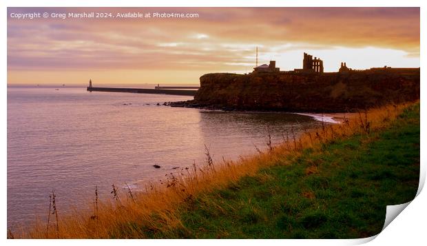 Sunset over Tynemouth Lighthouse, Priory and Castle ruins. Print by Greg Marshall