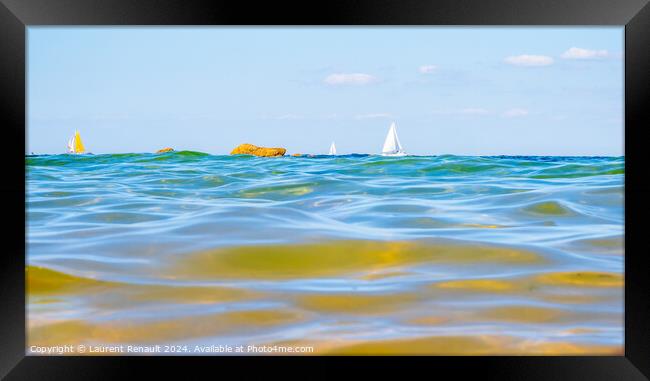 Sailing boats and waves seen by a swimmer at sea level, photogra Framed Print by Laurent Renault