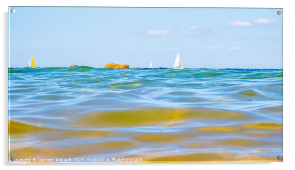 Sailing boats and waves seen by a swimmer at sea level, photogra Acrylic by Laurent Renault