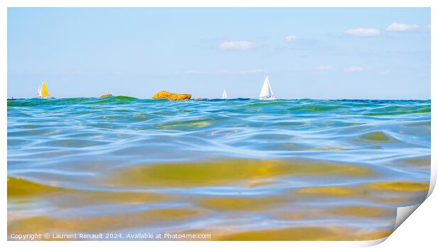 Sailing boats and waves seen by a swimmer at sea level, photogra Print by Laurent Renault