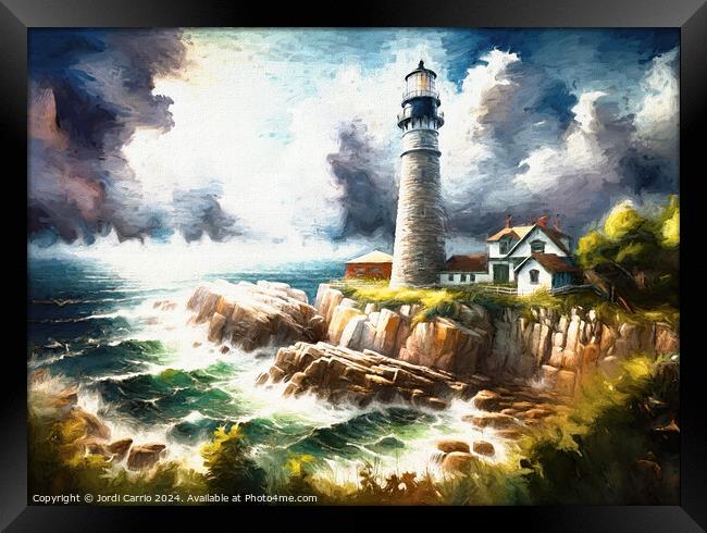 Rough sea at the lighthouse - GIA-2309-1081-OIL Framed Print by Jordi Carrio