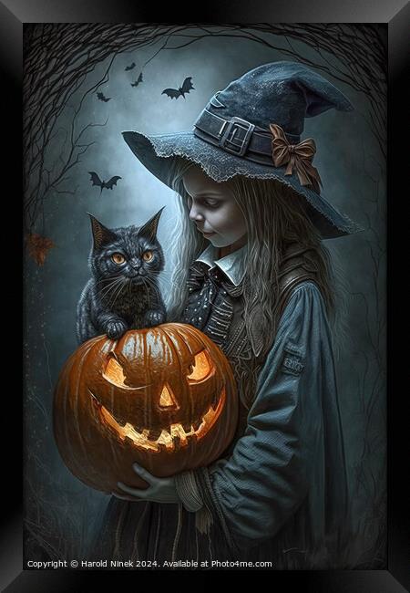 Little Witch, Big Pumpkin Framed Print by Harold Ninek