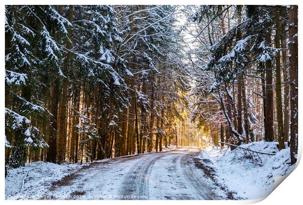 Small country road in winter with sunshine on trees Print by Sergey Fedoskin