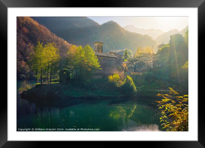Isola Santa village and lake in autumn. Garfagnana, Italy Framed Mounted Print by Stefano Orazzini