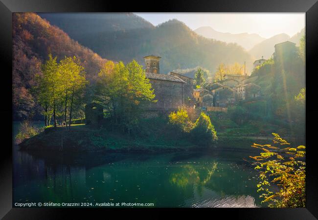 Isola Santa village and lake in autumn. Garfagnana, Italy Framed Print by Stefano Orazzini