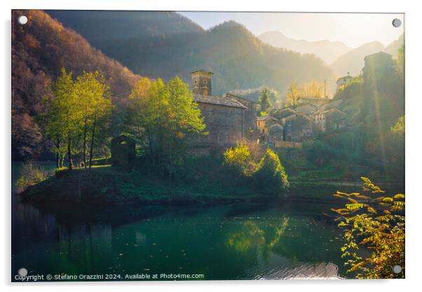 Isola Santa village and lake in autumn. Garfagnana, Italy Acrylic by Stefano Orazzini