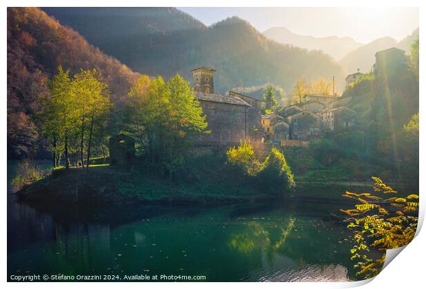 Isola Santa village and lake in autumn. Garfagnana, Italy Print by Stefano Orazzini