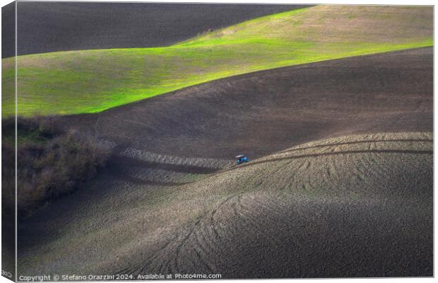 Tractor plowing the fields in Tuscany. Volterra, Italy Canvas Print by Stefano Orazzini