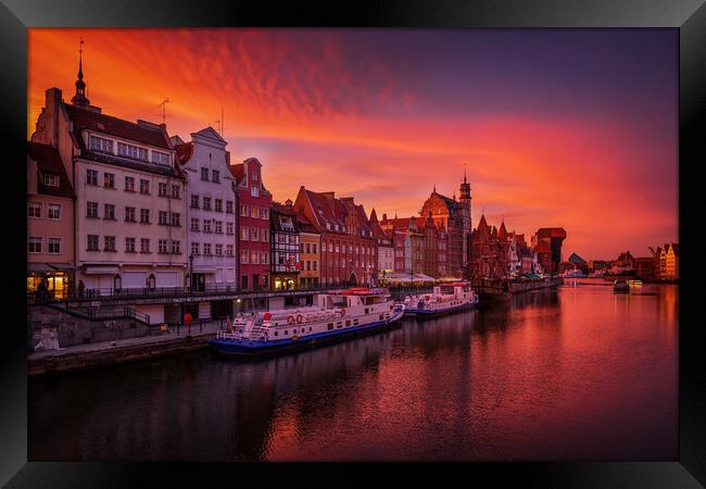 Gdansk City Skyline At Twilight In Poland Framed Print by Artur Bogacki