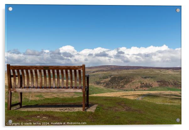 A bench with a mountain in the background Acrylic by Man And Life