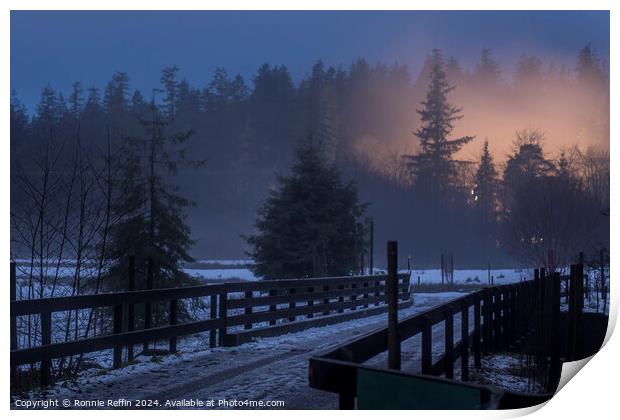 Benmore Bridge In The Blue Hour In The Snow Print by Ronnie Reffin
