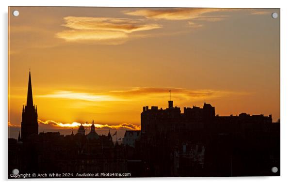 Winter sunset above castle Edinburgh, Scotland, UK Acrylic by Arch White