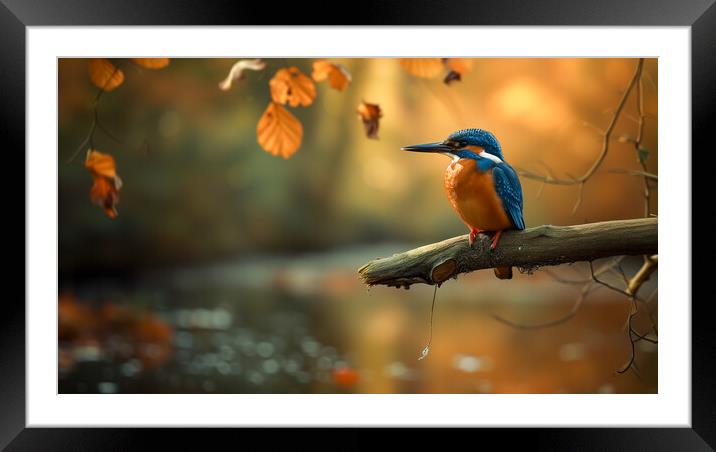 Kingfisher over an autumn woodland Stream Framed Mounted Print by T2 