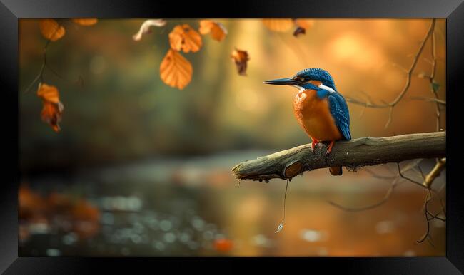 Kingfisher over an autumn woodland Stream Framed Print by T2 