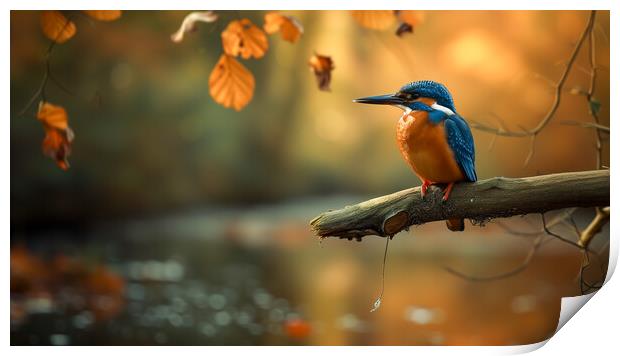 Kingfisher over an autumn woodland Stream Print by T2 