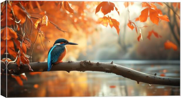 Kingfisher over an autumn woodland Stream Canvas Print by T2 