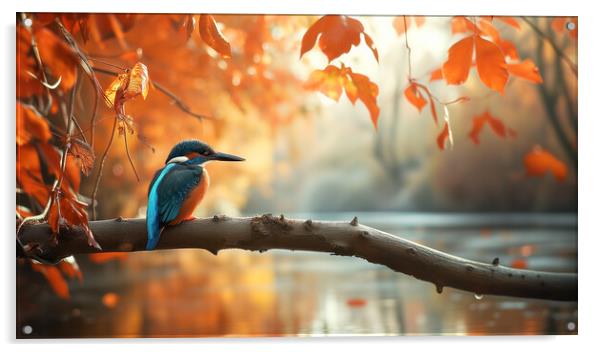 Kingfisher over an autumn woodland Stream Acrylic by T2 