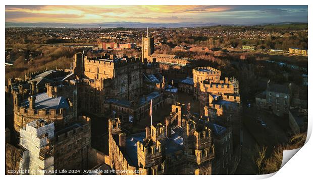 Aerial view of a historic castle at sunset with surrounding landscape and town under a golden sky in Lancaster. Print by Man And Life