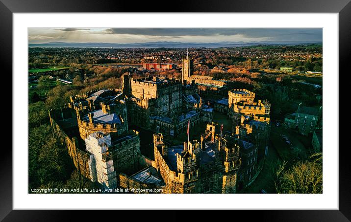 Aerial view of an ancient castle in Lancaster at sunset with lush greenery and a town in the background. Framed Mounted Print by Man And Life